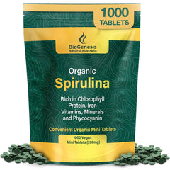 Biogenesis Spirulina mini tablets pack shot emphasizes convenient vegan greens.