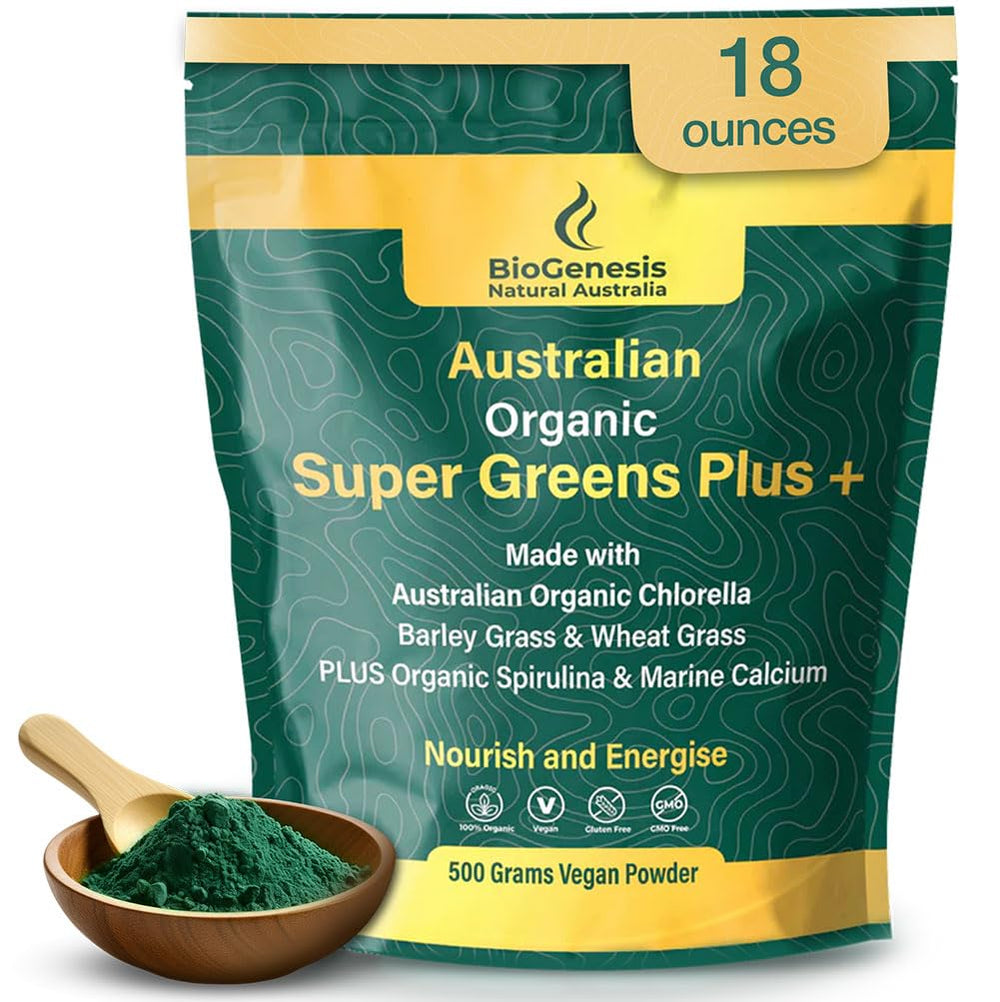 Biogenesis SuperGreens Plus bottle front showing premium Australian greens for daily energy.