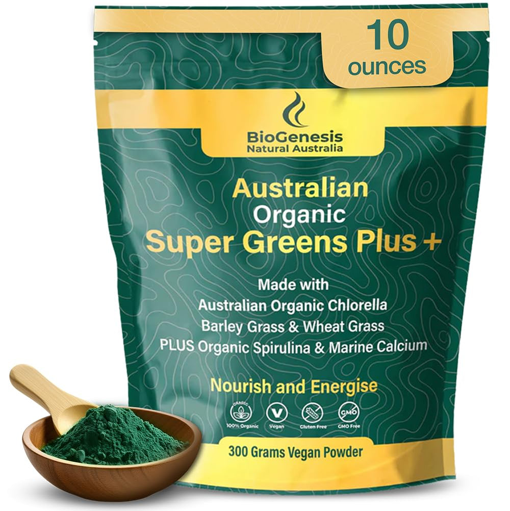 Biogenesis SuperGreens Plus powder bottle for daily energy support.