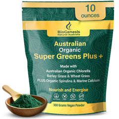 Biogenesis SuperGreens Plus powder bottle for daily energy support.