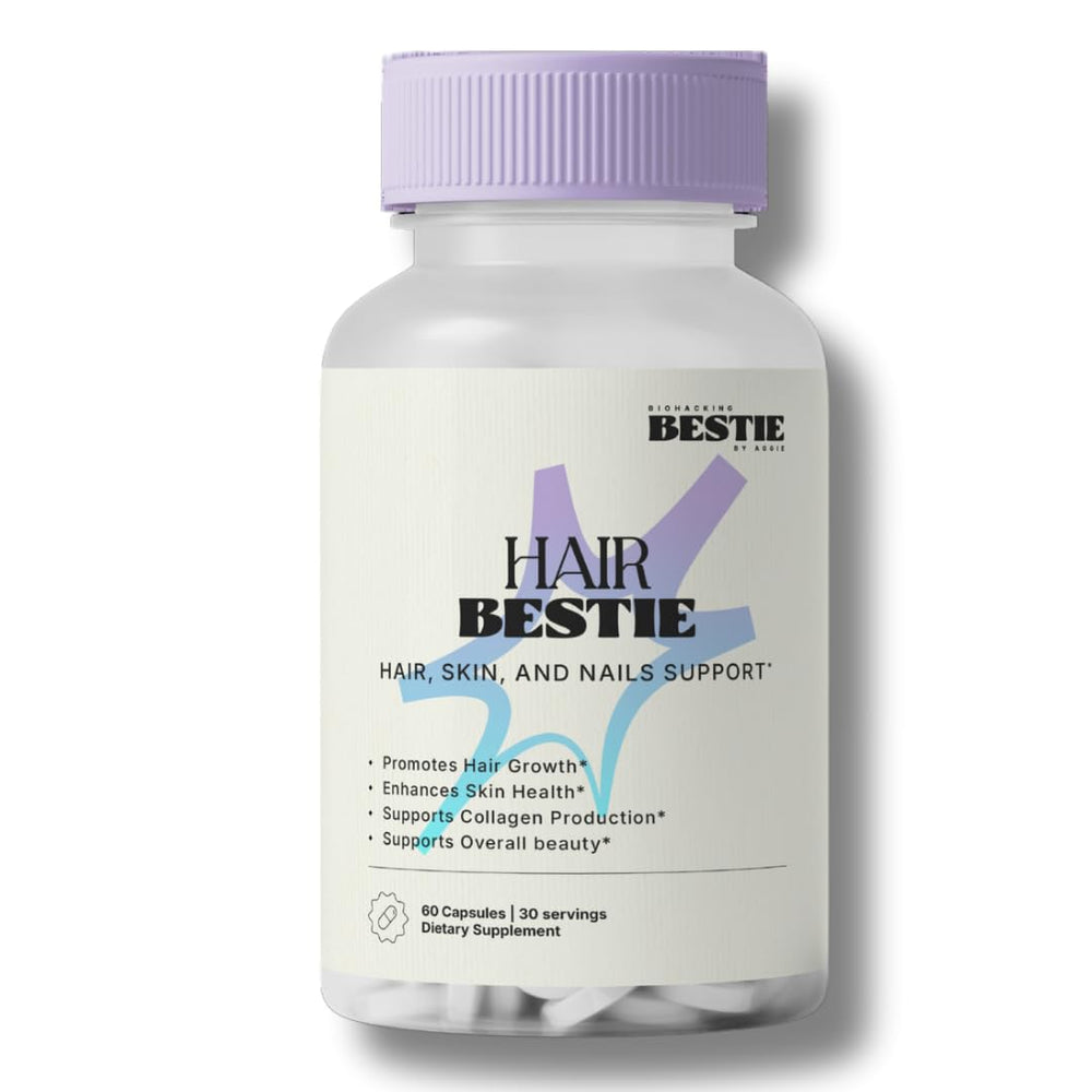Biohacking Bestie Hair Bestie bottle pour supports daily hair growth routine.