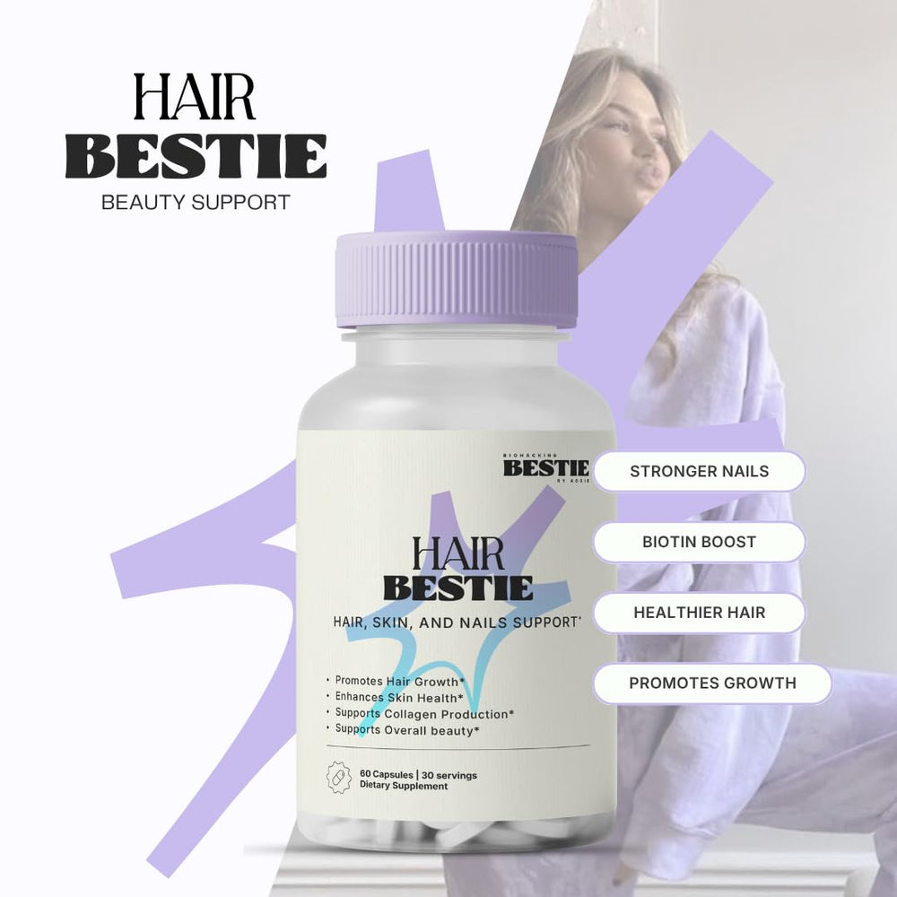 Biohacking Bestie Hair Bestie capsules closeup highlights easy supplementation benefits.