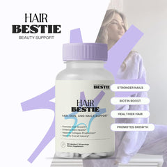 Biohacking Bestie Hair Bestie capsules closeup highlights easy supplementation benefits.