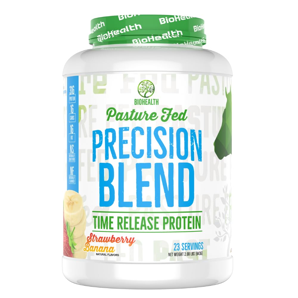 BioHealth Precision Blend strawberry banana bottle ready for a protein shake.