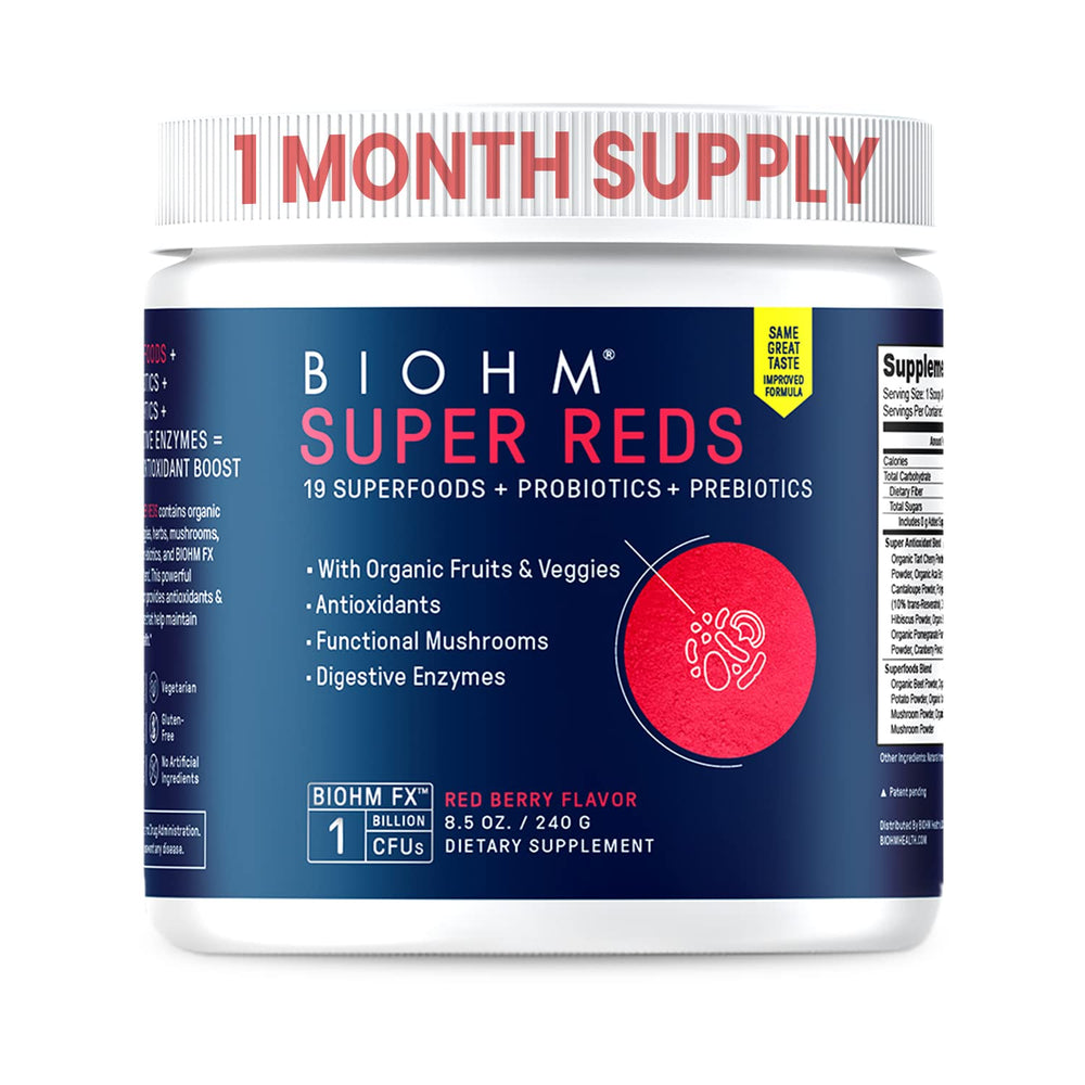 BIOHM Super Reds beetroot powder with scoop, highlighting antioxidant support for daily energy