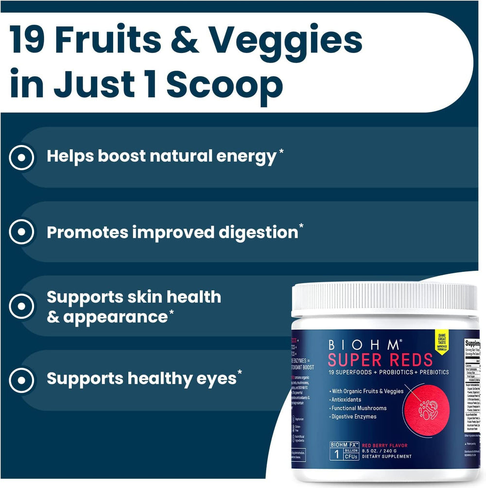 BIOHM Super Reds probiotic digestive blend sachet, illustrating gut-friendly prebiotic support