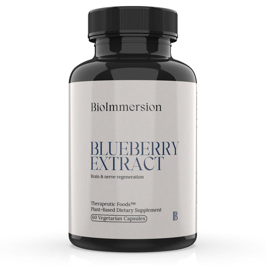 BioImmersion North American Blueberry Extract bottle shows concentrated phytochemicals for brain and cellular support.