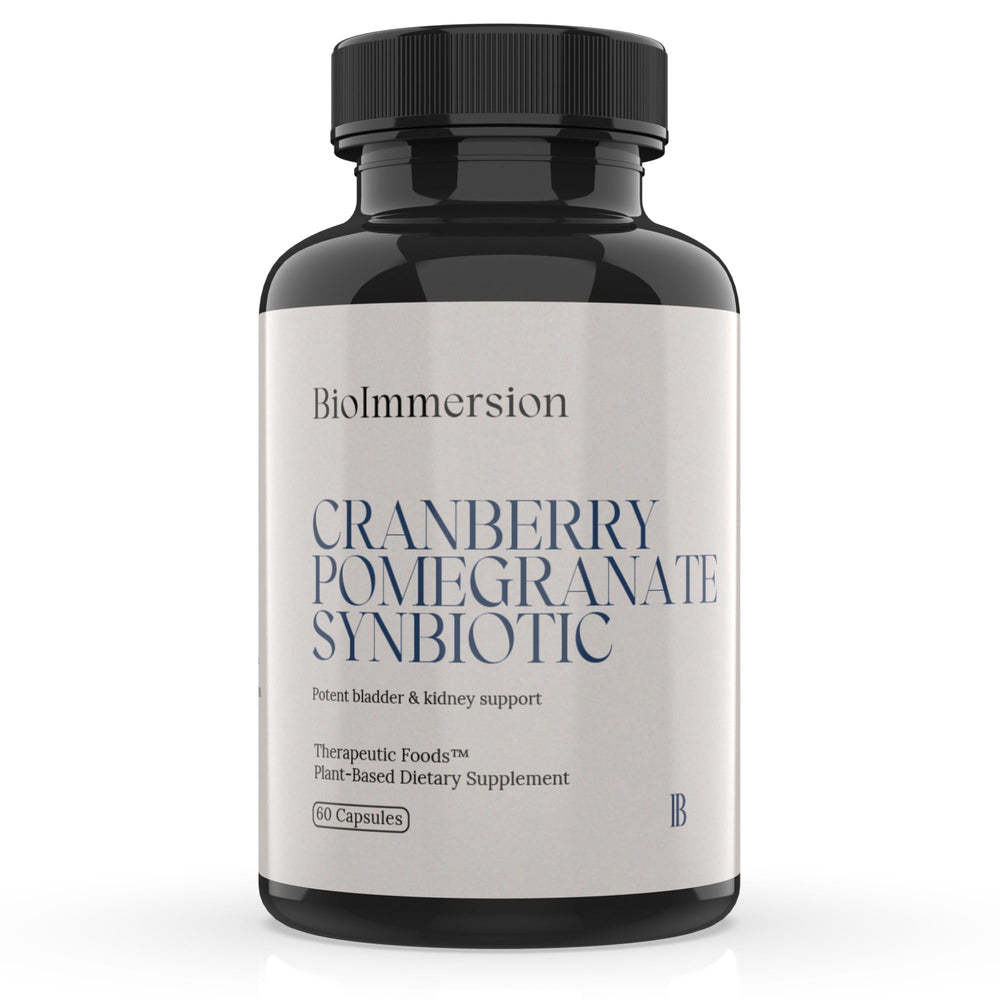 BioImmersion Cranberry Pomegranate Synbiotic bottle showing clean-label urinary wellness support