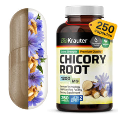 BIO KRAUTER Chicory Root bottle front shows a vegan prebiotic for daily digestion support.