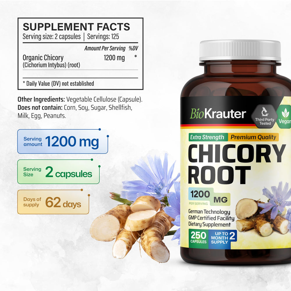 BIO KRAUTER Chicory Root powder packaging highlights non-GMO, filler-free ingredients.