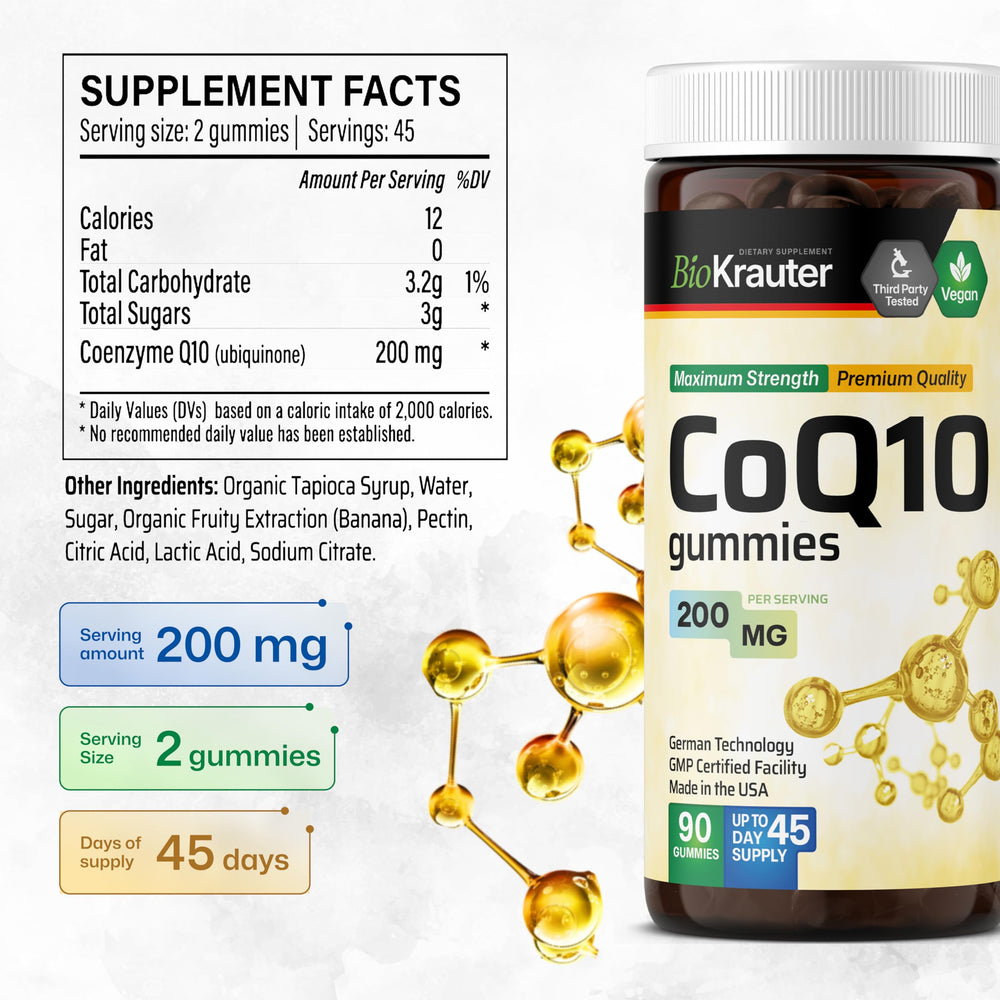 BIO KRAUTER CoQ10 Gummies banana-flavor label detail, natural ingredients focus.