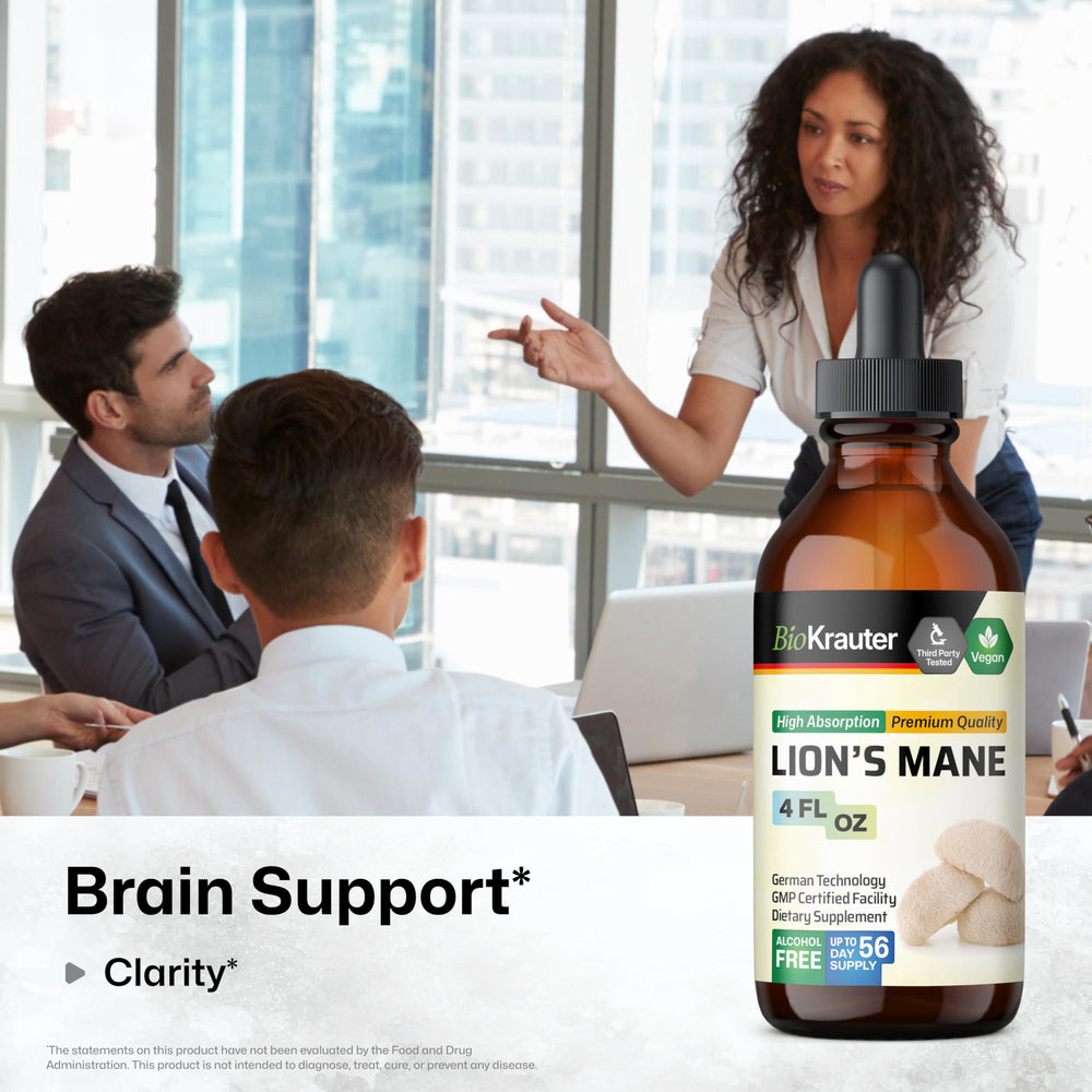 BIO KRAUTER Lions Mane drops pour for easy beverage mixing.