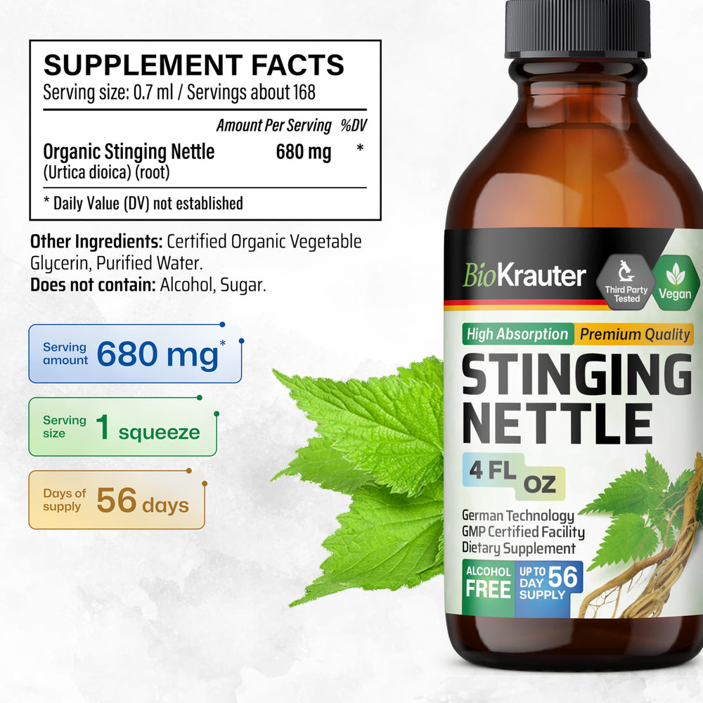 BIO KRAUTER nettle root extract liquid shows clear, vegan-friendly formula