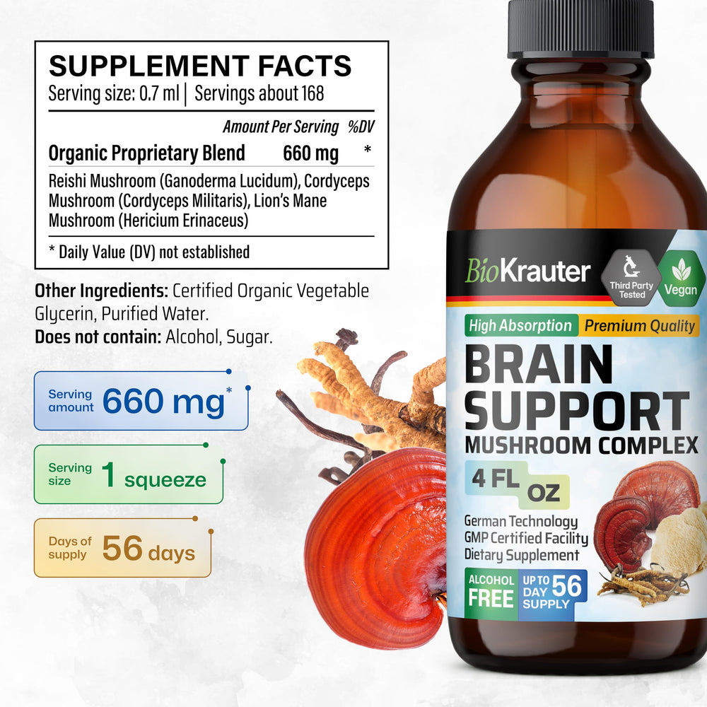 BIO KRAUTER Reishi tincture drop emphasizes smooth, bitterness-free flavor.