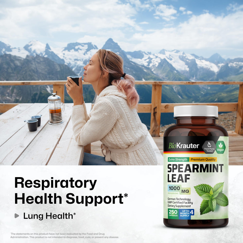 BIO KRAUTER Spearmint capsules closeup showing vegan, filler-free formula for daily use.