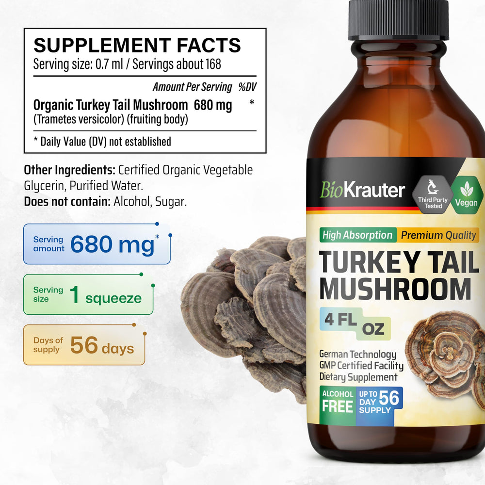 BIO KRAUTER Turkey Tail tincture under tongue for fast, alcohol-free intake.