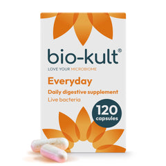 Bio-Kult Everyday bottle on a kitchen counter supports daily probiotic routine.