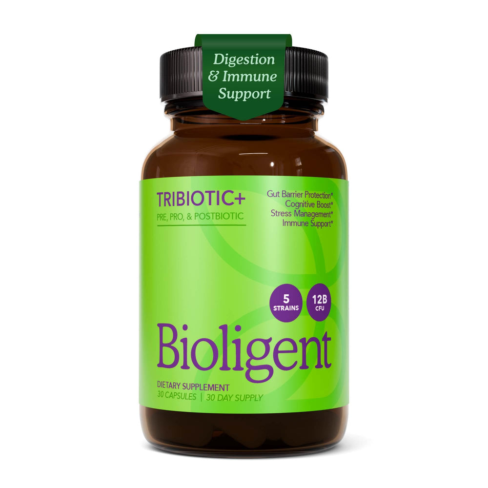 BIOLIGENT Tribiotic bottle illustrating daily gut support and immune balance.