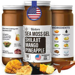Biolore mango-pineapple flavored sea moss gel swirled in a bowl for smoothie boost.