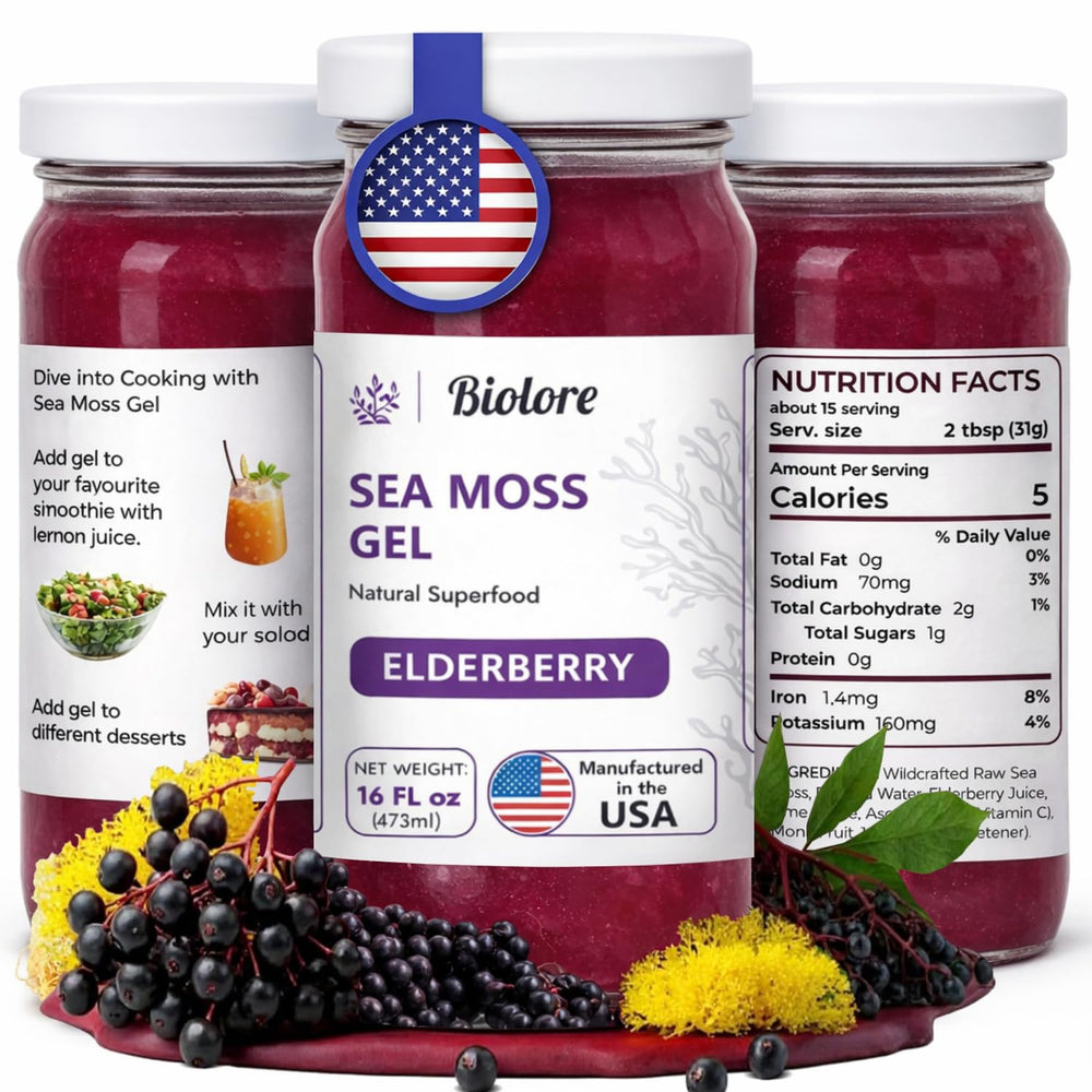 Biolore Elderberry sea moss gel in jar with premium packaging and rich texture