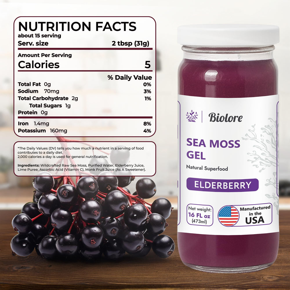 Biolore Elderberry sea moss gel ingredients highlight vitamins and minerals