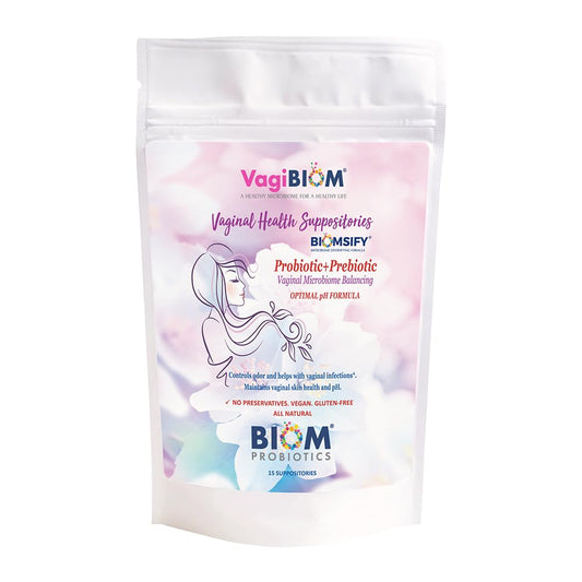 VagiBIOM box shows vegan feminine care suppositories for daily freshness.