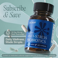 BIOMA Anti-Stress Probiotics bottle and glass of water in a calm setting.
