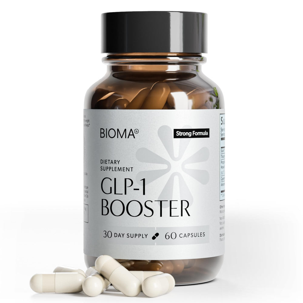 BIOMA GLP-1 Booster bottle front emphasizes packaging and appetite support potential