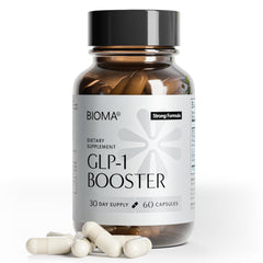 BIOMA GLP-1 Booster bottle front emphasizes packaging and appetite support potential