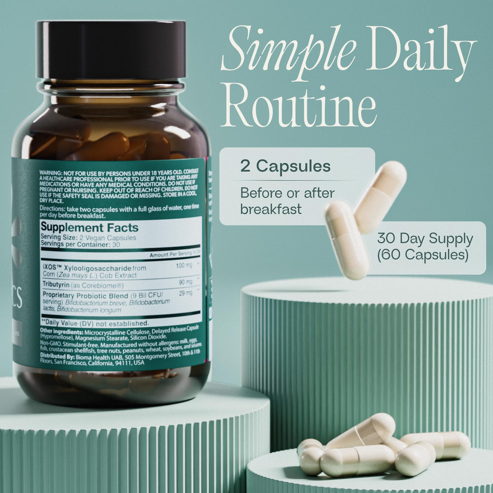 BIOMA Probiotics bottle featuring tributyrin ingredient