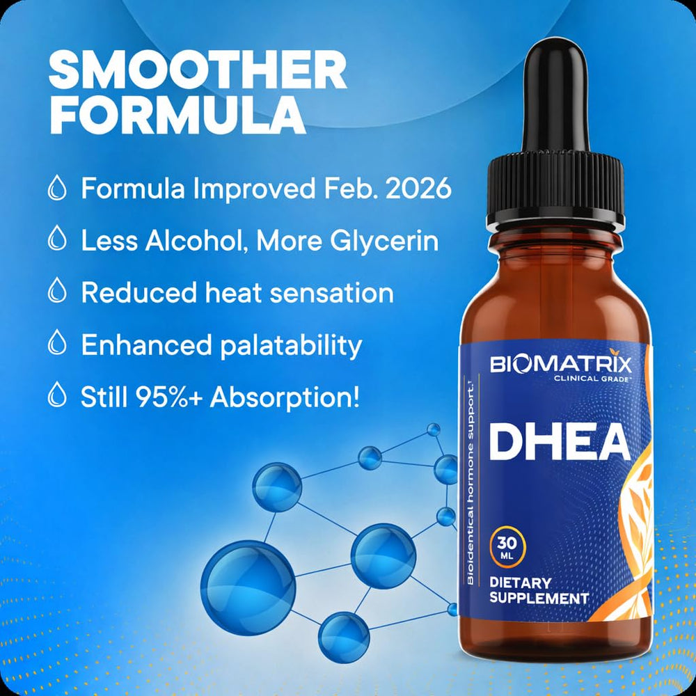 BioMatrix DHEA Liquid Drops dropper closeup shows precise dosing for personalization