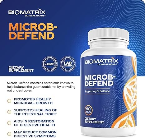 Close-up of BioMatrix Microb-Defend bottle label highlighting US manufacturing.