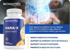 BioMatrix Para-X capsules closeup highlights potent plant-based ingredients for gut balance.