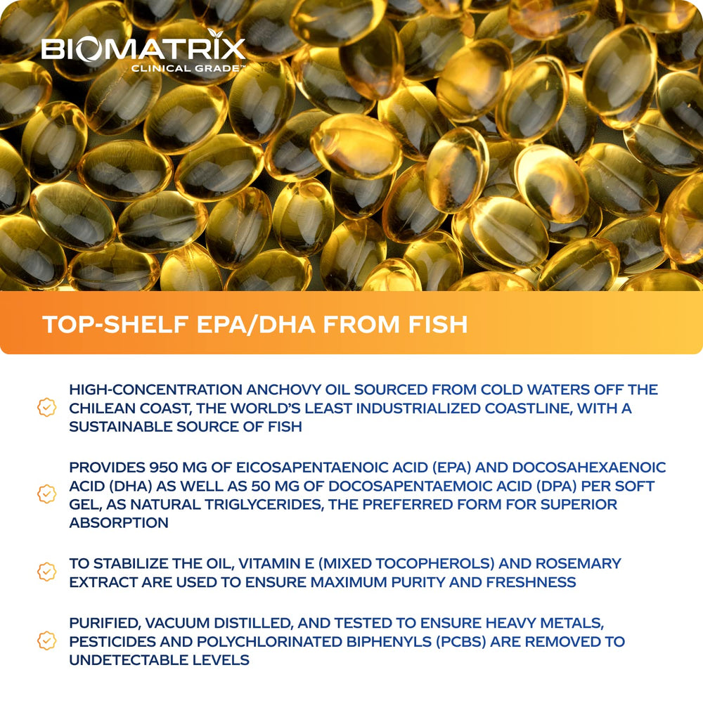 BioMatrix Support Omega bottle pour demonstrates easy-dose routine for ongoing omega-3 intake.