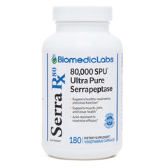 Biomedic Labs RX Serra-RX 80,000 SU bottle showing acid resistant coating for potency