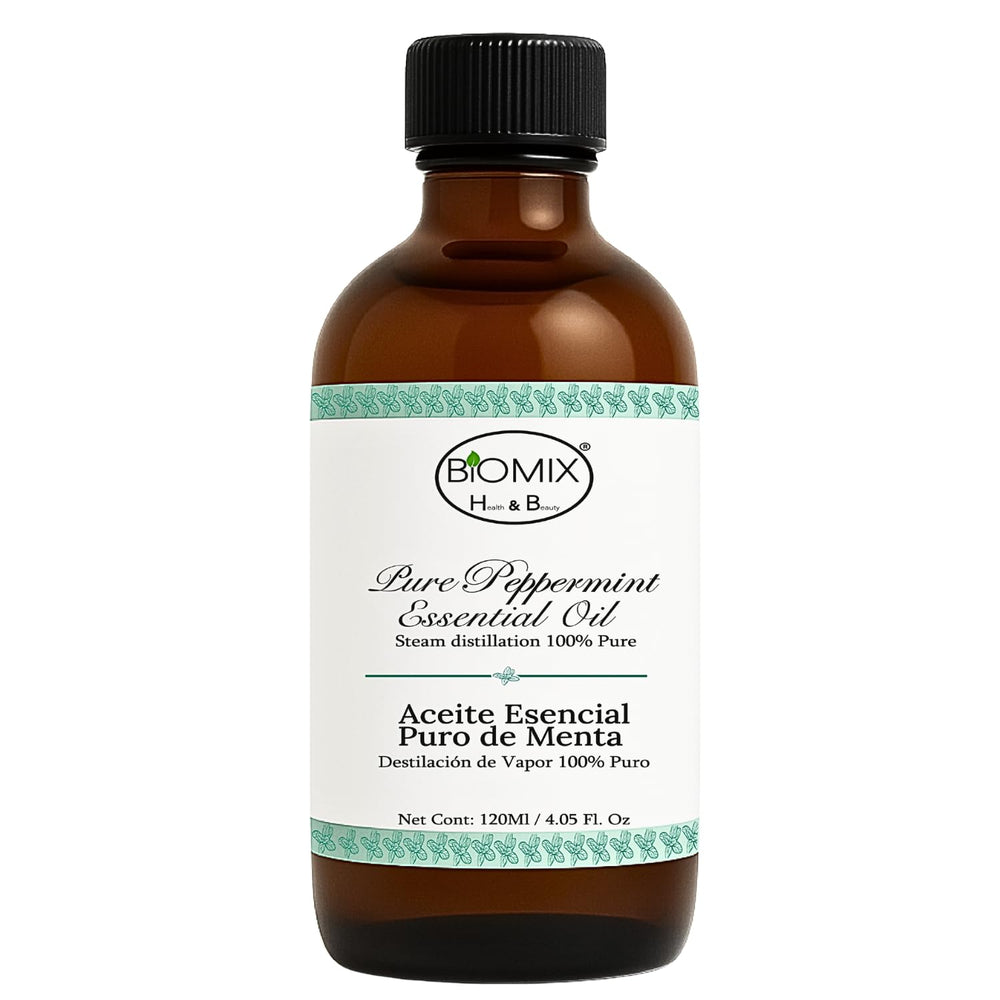 BIOMIX peppermint essential oil bottle on amber glass preserves potency for culinary and topical use.