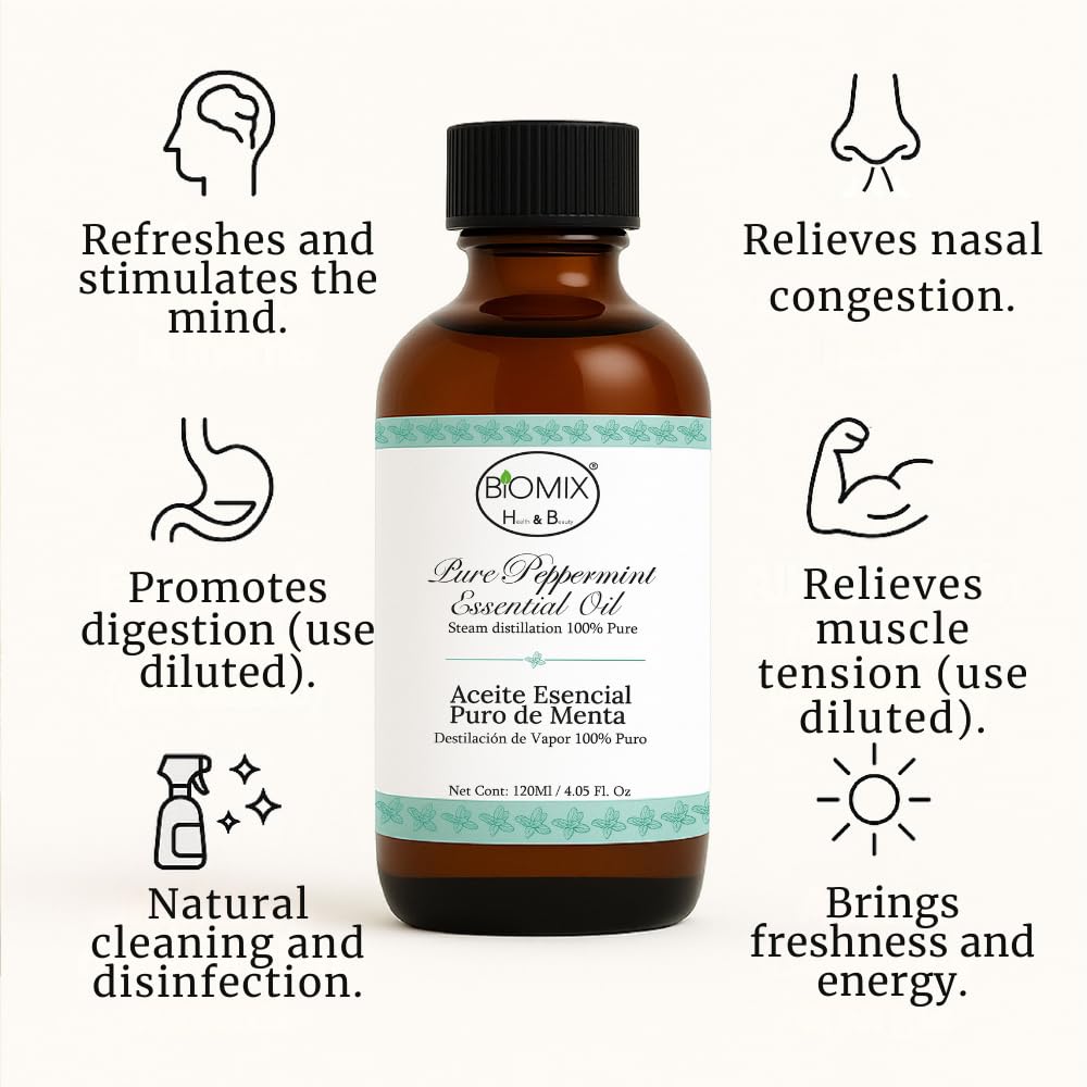 BIOMIX peppermint oil pour close-up shows controlled application for scalp and blends.