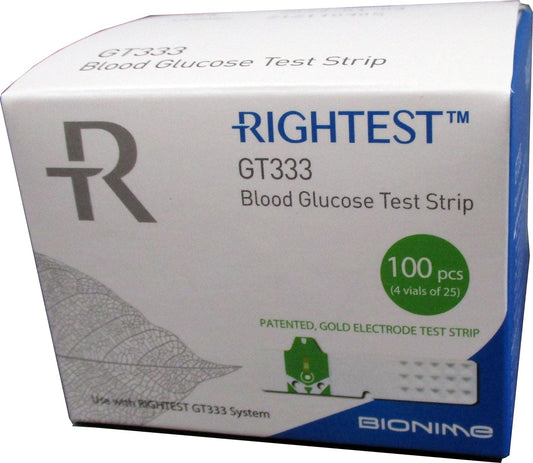 RIGHTEST GT333 test strip box containing 100 for at-home use.