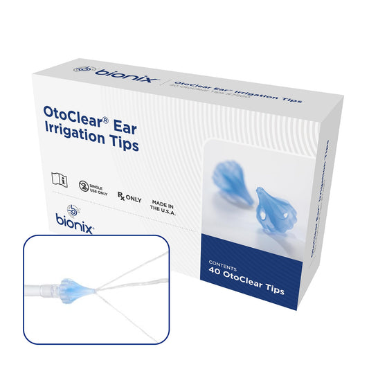 Bionix OtoClear tip with divergent streams directing water safely toward the ear canal.