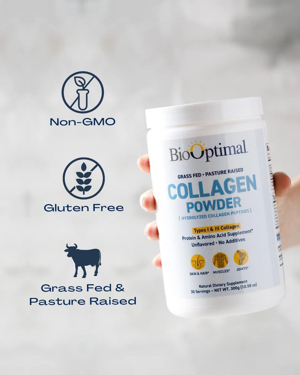 BioOptimal Collagen Peptides bottle showing non-GMO badge and quality assurance.