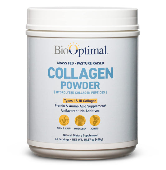 BioOptimal Collagen Peptides Powder canister shown for daily skin and joint support.