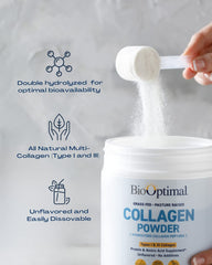 BioOptimal Collagen Peptides Powder bottle open emphasizes unflavored formula.
