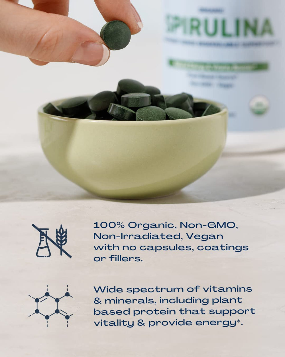 BioOptimal ingredients panel confirms a single-ingredient spirulina.