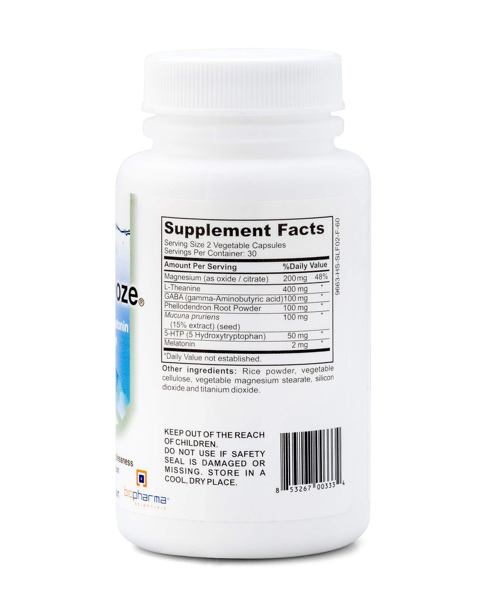 Biopharma Scientific NanoSnooze label detail showing melatonin and magnesium