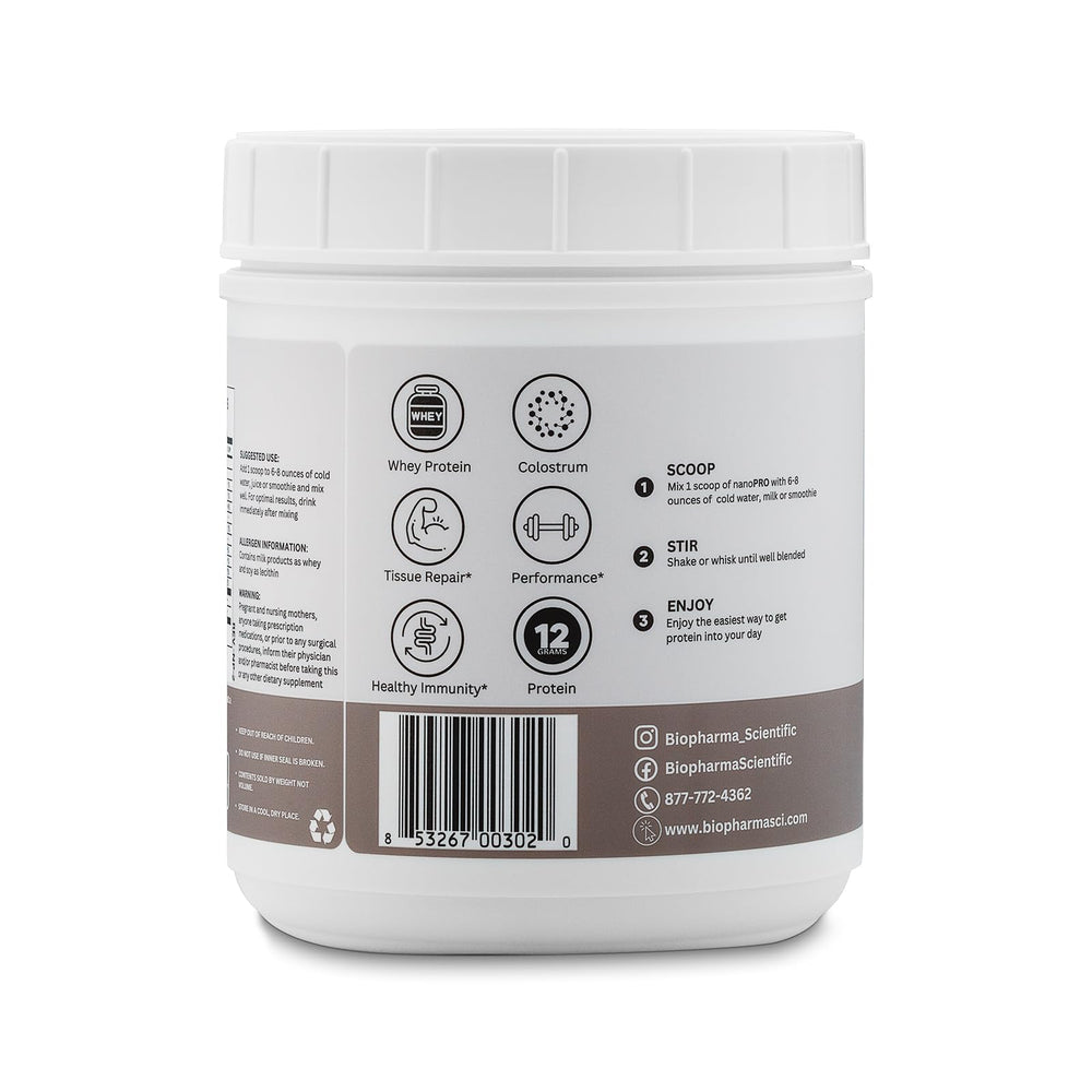 Biopharma Nanopro Immune ingredients panel featuring colostrum and amino acids.