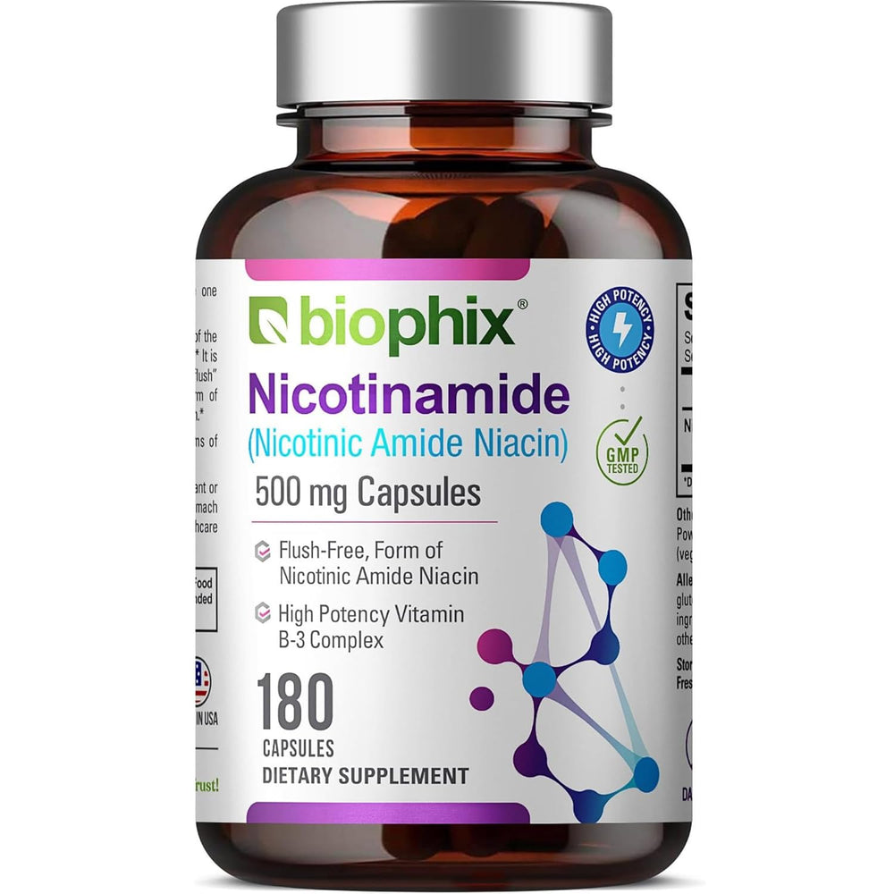 Biophix B-3 nicotinamide 500mg bottle supports daily skin resilience.