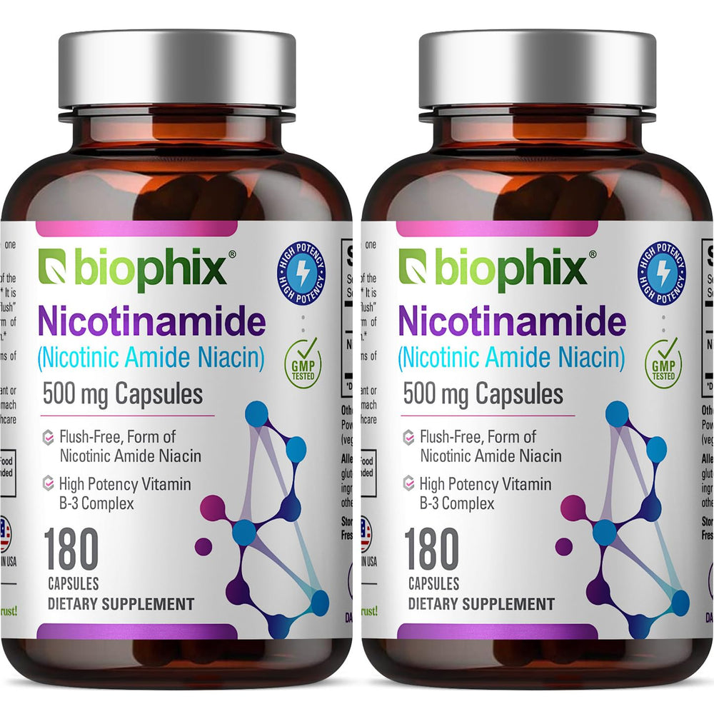 Biophix B-3 Nicotinamide bottle front showing flush-free B3 benefits for skin.