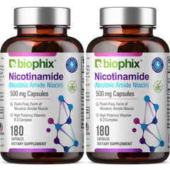 Biophix B-3 Nicotinamide bottle front showing flush-free B3 benefits for skin.