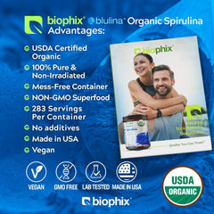 Biophix Blue Spirulina Powder jar back highlighting organic, non-GMO quality.