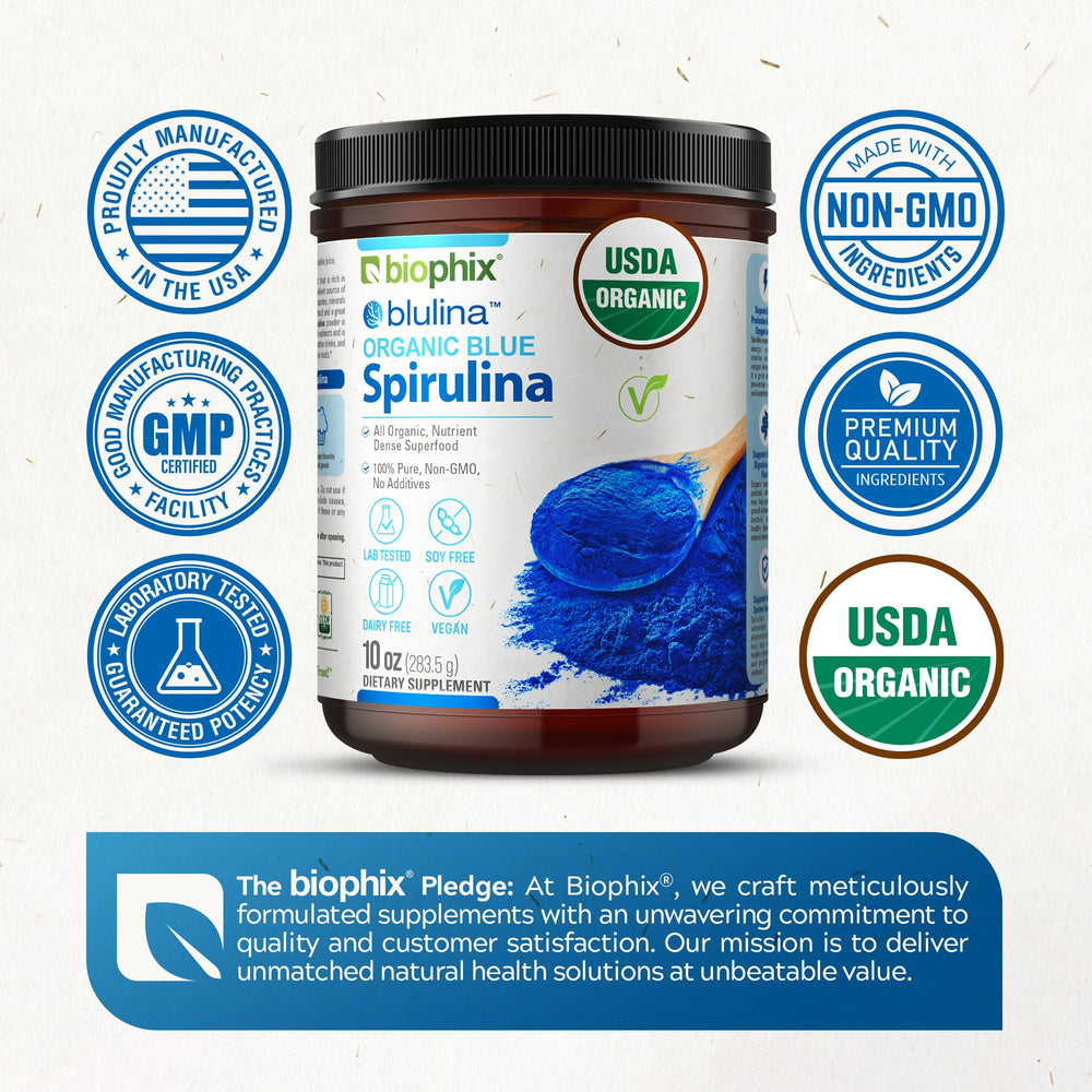 Biophix Blue Spirulina Powder poured into liquid for blending.